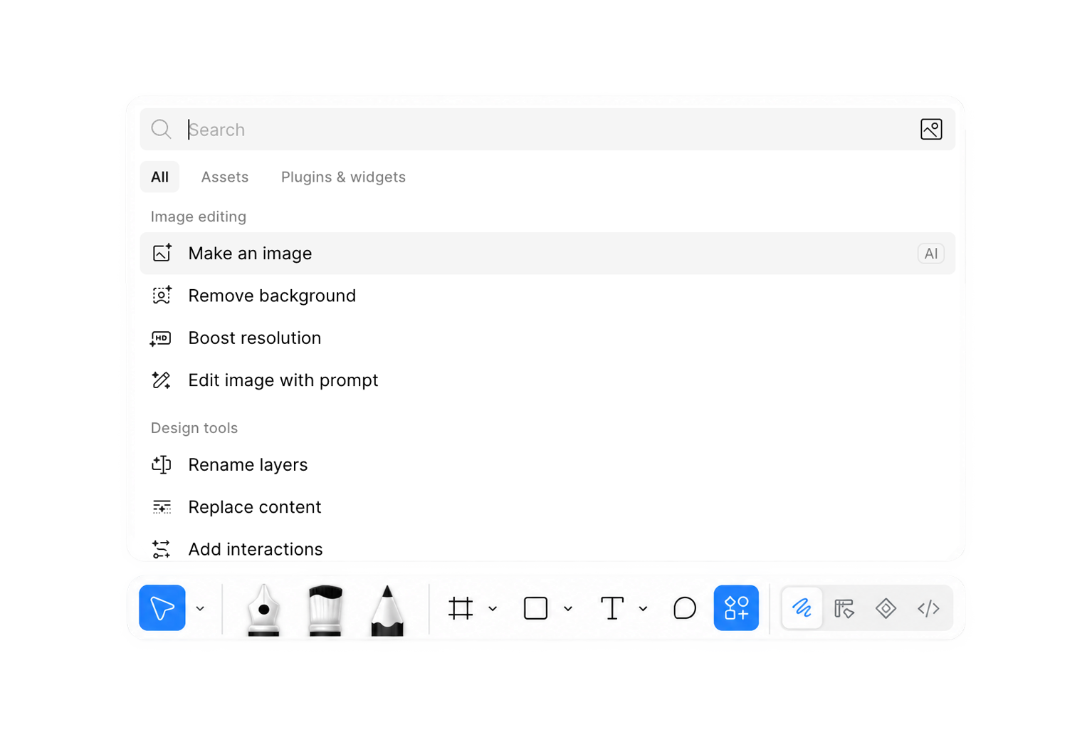 Figma’s search and actions menu above its floating toolbar, with the surrounding canvas removed.